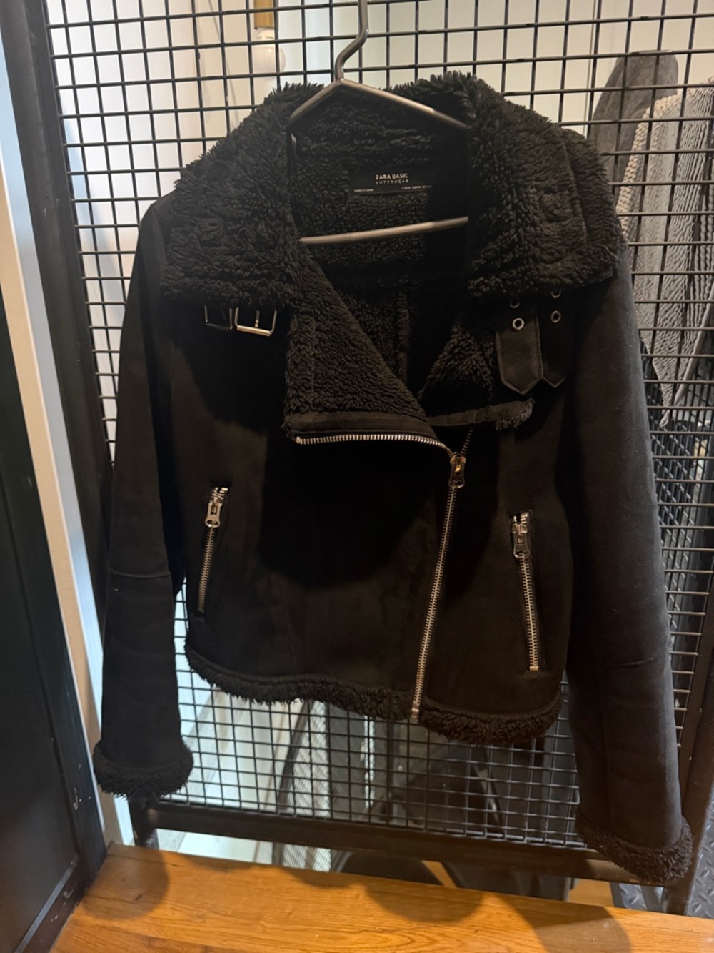 Zara Black Faux Shearling Biker Jacket